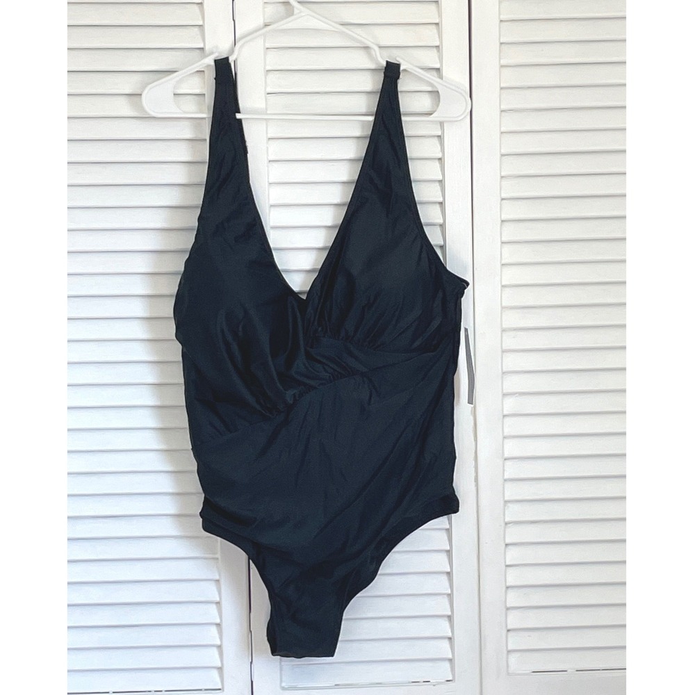 Meet.Curve Black One Piece Swimsuit Ruched Wrap V-Neck Adjustable Straps 2XL NEW